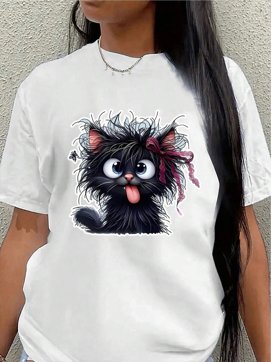 Short-Sleeved T-Shirt Decorated With Cute Cat Designs, Lightweight And Durable, Suitable For Home, Cafes, Or Outdoor Leisure Activities; Comfortable And Fitted For Everyday Wear. Women's Casual Blouse - 白色 - 查看 1
