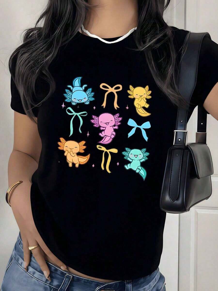 Camiseta con Estampado Gráfico de Axolotl Colorido y Lindo, 180g, 1 Pieza, Estilo Kawaii, Informal para Mujer, 100% Algodón, Cuello Redondo Suave, Estilo Veraniego - Negro - Ver 1