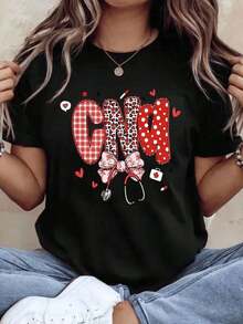 Camiseta de Enfermera con Diseño de Cuadros Rojos y Puntos, Lazo de Estetoscopio y Corazones, Temática Médica para el Día del Enfermero o San Valentín, 220g - Estilo Vintage Urbano, Unisex, de Algodón, Manga Corta, Cuello Redondo, 100% Algodón - Negro - Ver 7