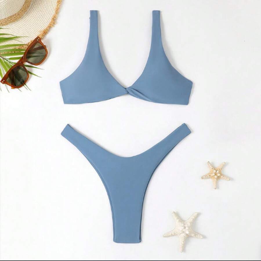 Two-Piece Solid Color Swimsuit For Girls, Sexy Bikini With Deep V-Neck And Push-Up Effect With Straps, High-End Pure And Seductive Style Swimsuit. - 藏青色純欲風bikini - 查看 1