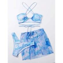 Nuevo bikini sexy de dos piezas multicolor con estampado de mármol, traje de baño de tres piezas. - rayas rojas - Ver 6