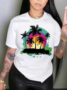 Camiseta de talla con estampado de cocotero, manga corta, cuello redondo, top casual para verano y primavera, ropa de talla para mujer. - Blanco - Ver 6