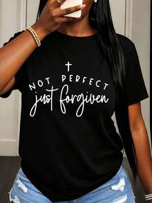 Camiseta Casual para Mujer con Estampado de Cruz "No Perfecta, Solo Perdona", Declaración de Fe Cristiana, para Uso Diario y Eventos Religiosos - Negro - Ver 6