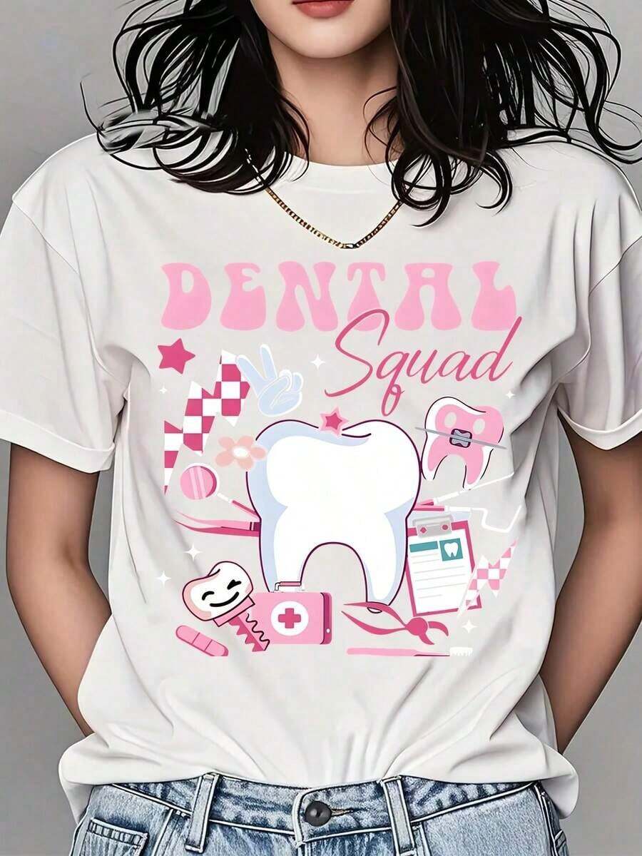 Camiseta de Algodón Estilo Vintage con Estampado de Slogan de Lisboa para Mujer, Cuello Redondo, Estampado de Herramientas Dentales, Manga Corta, para Trabajo en Consultorio Dental o Uso Casual de Verano - Blanco - Ver 1