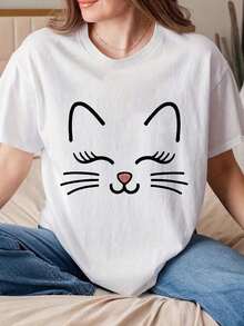 Camiseta de Mujer Under The Radar con Estampado de Cara de Gato, Cuello Redondo, para Uso Casual, Fiestas y Uso Diario, Tela Cómoda, Adecuada para Reuniones Familiares, Fiestas y También como Regalo para Amigos, 220g - Estilo Vintage Urbano, Unisex, de Algodón, Manga Corta, Cuello Redondo. - Blanco - Ver 7