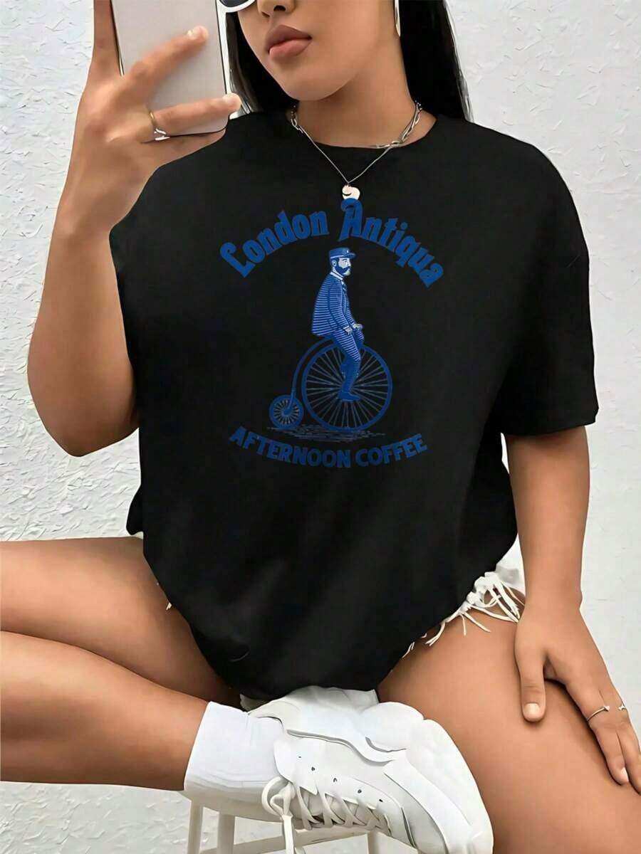 Playera Holgada para Mujer, Estilo Vintage de Londres, Transpirable, para Café de la Tarde - Negro - Ver 1