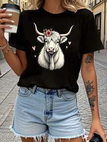 ComfortableCamiseta de Mujer de Ajuste Cómodo con Diseño de Vaca Highland y Arreglo FloralFashion All-match Women's Short Sleeve T-shirt, Basic Style for Inner & Outer Wear - Negro - Ver 1