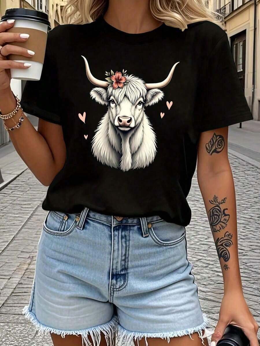 ComfortableCamiseta de Mujer de Ajuste Cómodo con Diseño de Vaca Highland y Arreglo FloralFashion All-match Women's Short Sleeve T-shirt, Basic Style for Inner & Outer Wear - Negro - Ver 1