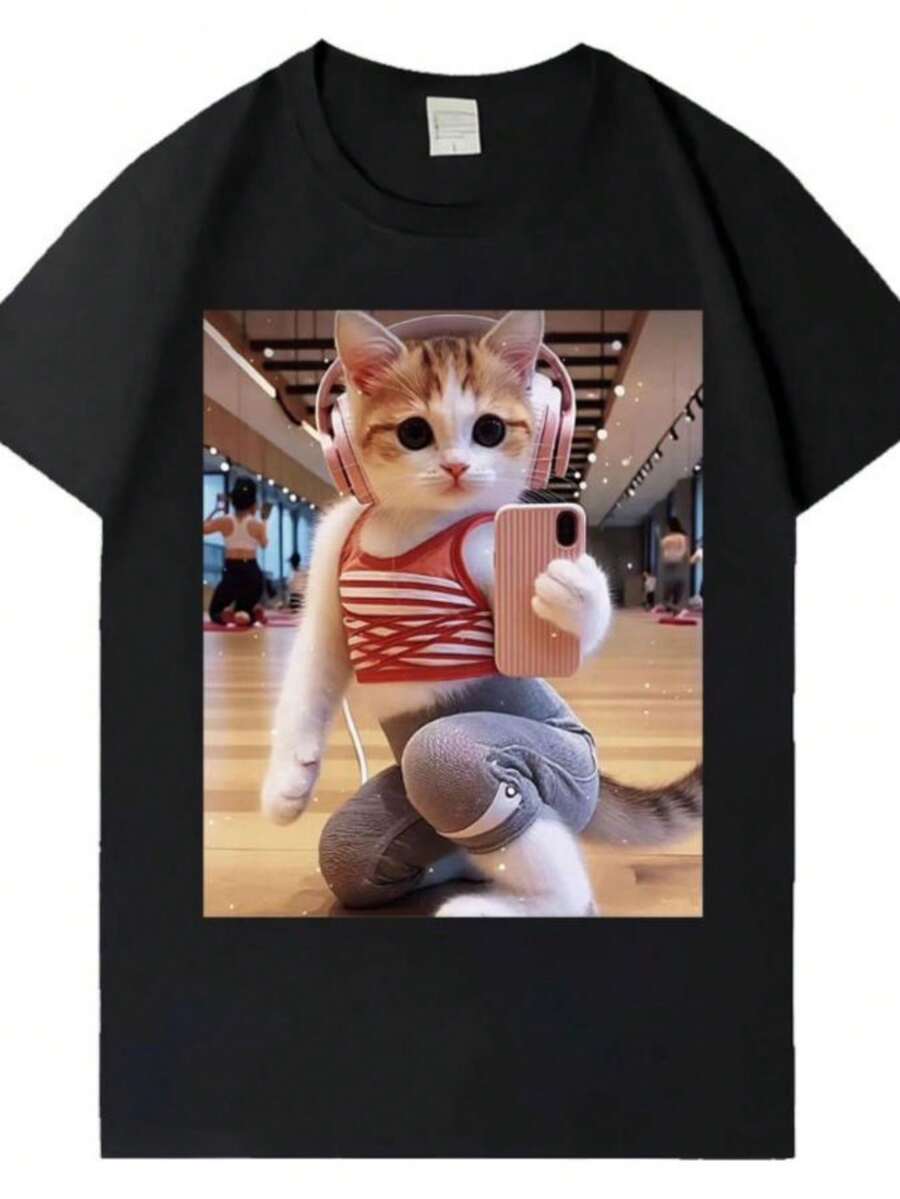 blusas para mujer Funny Cat Gym Graphics T Shirt Fashion Short Sleeve Tee Summer Tide Print Hip Hop Tops Mens Women Oversized Sports Cozy Clothing - Negro - Ver 1