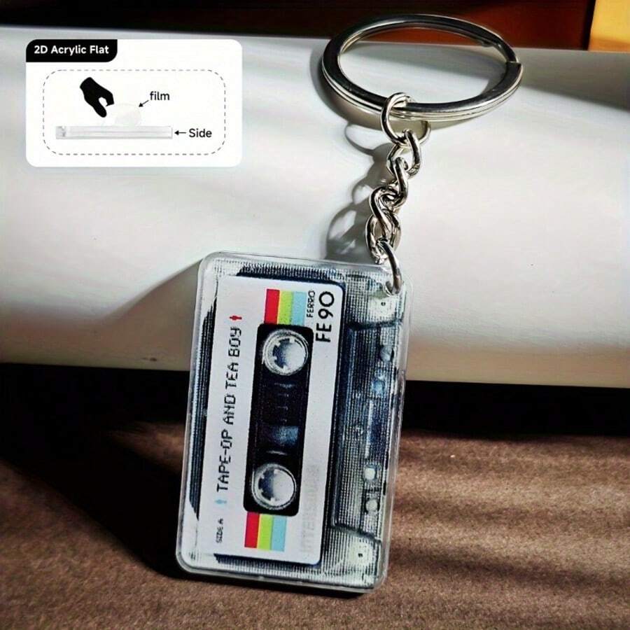 2pcs Retro Music Cassette Tape Keychains - Nostalgic Music Box Design, Colorful Tape Art Pattern, Acrylic Material, Suitable For Backpacks, Wallets And Accessories, Retro Aesthetic, Acrylic - Multicolor - View 1