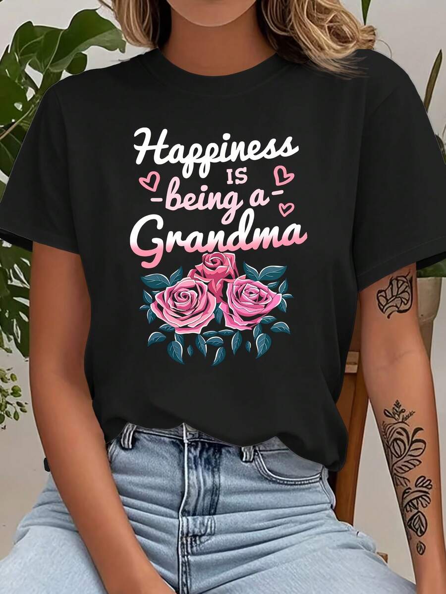 Women's Casual Short Sleeve T-Shirt - Printed With The Phrase "Happiness Is Being A Grandmother", Round Neck, Machine Washable, Casual Spring/Summer Vacation Wear, Easy-To-Wear T-Shirt, Fun Design, Loose Fit, Fashionable, Durable Printed T-Shirt - High Quality - 黑色 - 查看 1