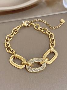 1Pc 18K Gold Plated Luxury Elegant Stainless Steel Link Clasp Bracelet For Women – Graduated Cuban Chain With Center Cubic Zirconia Clasp, Summer Bohemia Beach Jewelry, Vacation Season, Gifts For Mom, For Daily Party Dates Gala Wedding Valentine Anniversary Music Festival Christmas, Dates, Easter Day - Multicolor - View 3