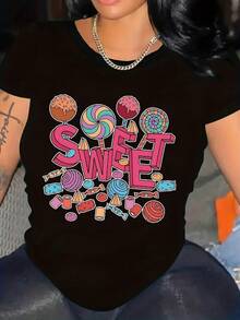 Camiseta de mujer con estampado de caramelos | Camiseta de cuello redondo suave, con colores dulces, macaron y neón - tela no transparente - lavable aáquina - corte casual y cómodo - adecuada como camiseta de uso diario para todas las estaciones - excelente idea de atuendo para fiestas de cumpleaños - adecuada para ocasiones divertidas - Camiseta unisex de manga corta y cuello redondo de algodón suelto estilo vintage urbano. - Negro - Ver 1