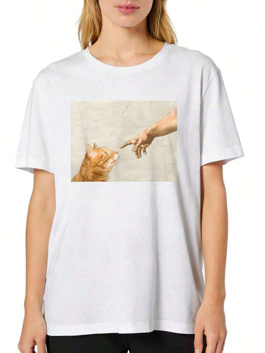 Camiseta de manga corta para mujer, suave, con un diseño estético y divertido de arte de gato, estilo Y2k para chicas adolescentes, cómoda y elástica, con estampados modernos y transpirables, es exclusiva para entusiastas de los estilos de moda. - Blanco - Ver 1