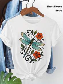 Camiseta Casual de Manga Corta para Mujer 2026 - Diseño de Libélulas y Flores Pintadas, Decoración Retro en Azul y Naranja, Estilo Dinámico para Amantes de la Naturaleza, Top para Uso Diario - Blanco - Ver 7