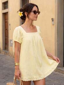 Light Yellow Women's A-Line Square Neck Puff Sleeve Babydoll Dress Lace Trim Ruffle Hem Dress Summer Casual Flowy Dress For Beach Vacation - 淡黃色 - 查看 1