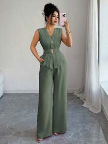 Conjunto de dos piezas de pantalones acampanados con cintura elástica y cinturón, cuello en V, frente abierto, plisado y bajo asimétrico, de tela similar al lino, para mujer, para primavera/verano, elegante, casual, para ir al trabajo, vacaciones, tarde de té - Verde militar - Ver 7