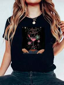 2026 1ps Algodón, Conjuntos de Nochevieja para Mujer, Blusas Casuales de Manga Larga con Cuello Redondo y Estampado Gráfico de Feliz Año Nuevo, Tallas Grandes, Blusas para Mujer Casual - Negro - Ver 4