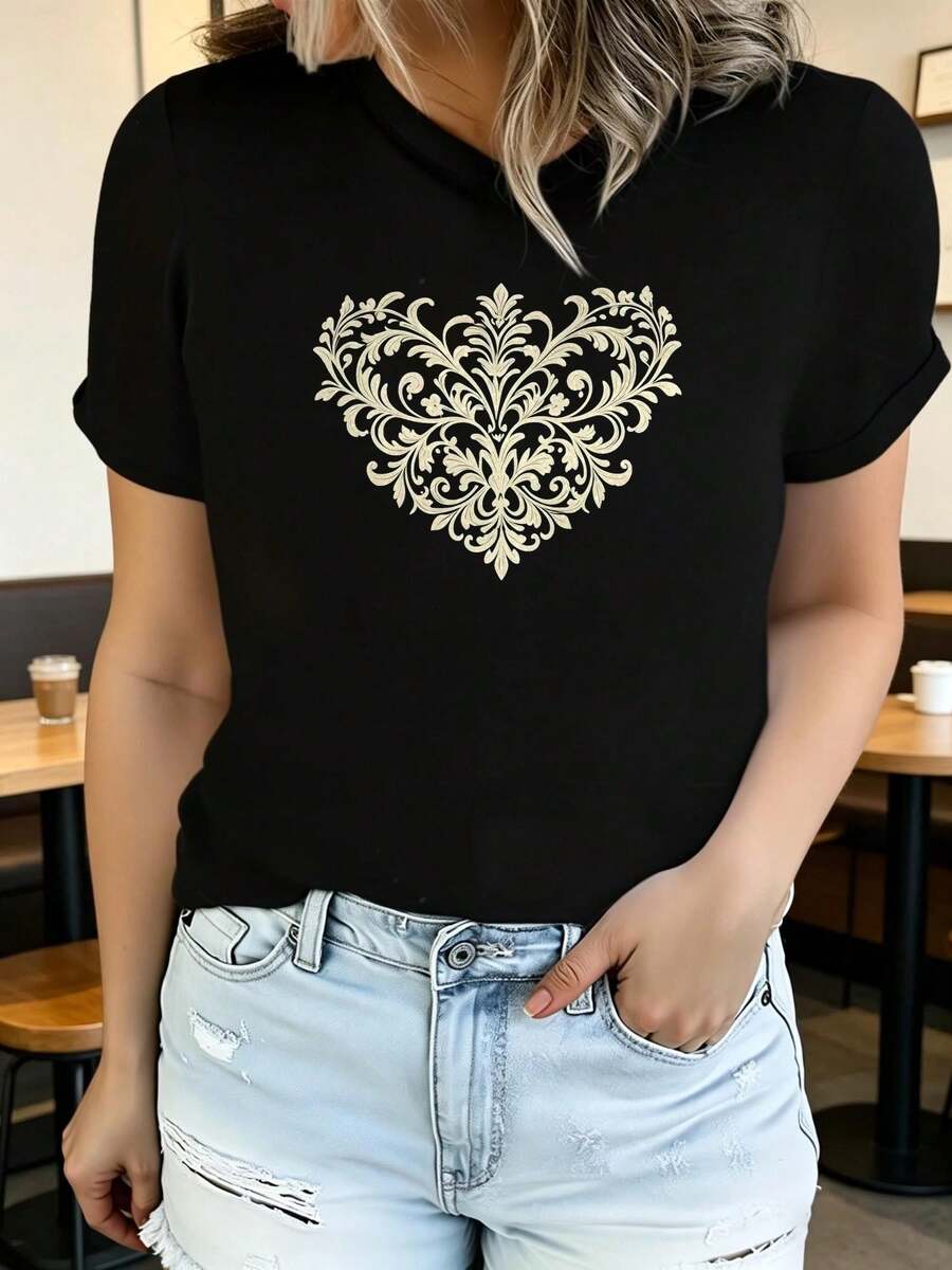 Women's Printed Short-Sleeved T-Shirt With Round Neck, Modern And Casual, Machine Washable, Comfortable Fit, 2D Flat Print, Casual 2D Blouses For Women. - 黑色_05 - 查看 1