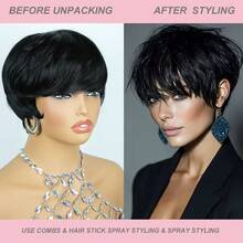 Wig Rambut Manusia Pendek Lurus Model Pixie dengan Poni untuk Wanita, Wig Rambut Manusia Remy Brasil Berlapis, Jaring Elastis, Wig Rambut Manusia Buatan Mesin Penuh, Wig Warna Hitam, Cocok untuk Liburan, Pesta, dan Sehari-hari - Natural Black - View 7