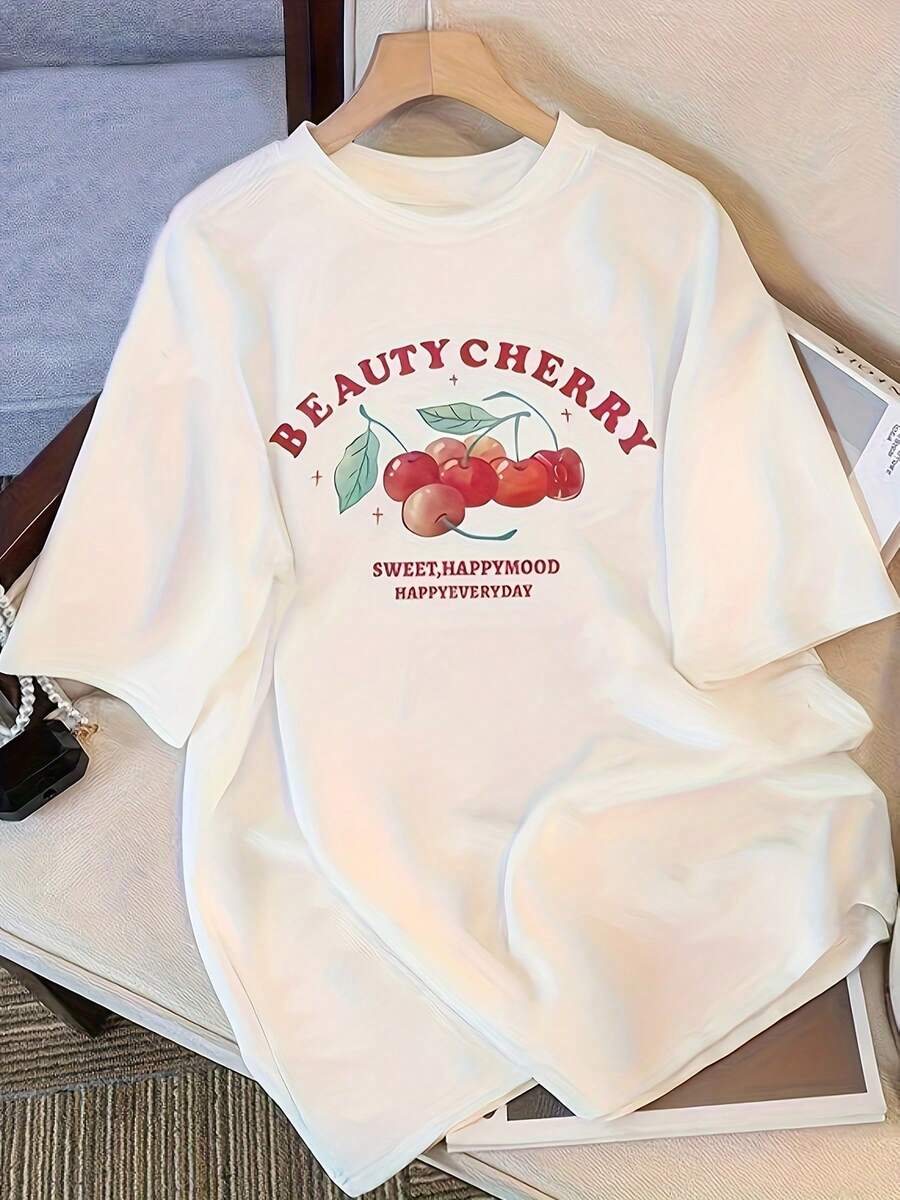 Camiseta Blanca Holgada Premium para Mujer - Top suave y transpirable con un hermoso estampado de cerezas y un texto alegre - Camiseta casual para el día a día de mujer - Camiseta lavable a - Blanco - Ver 1