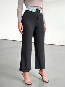 Black Patchwork Blue & White Striped Straight Leg Trousers, Versatile Commuter Pants - Black and Blue - View 4