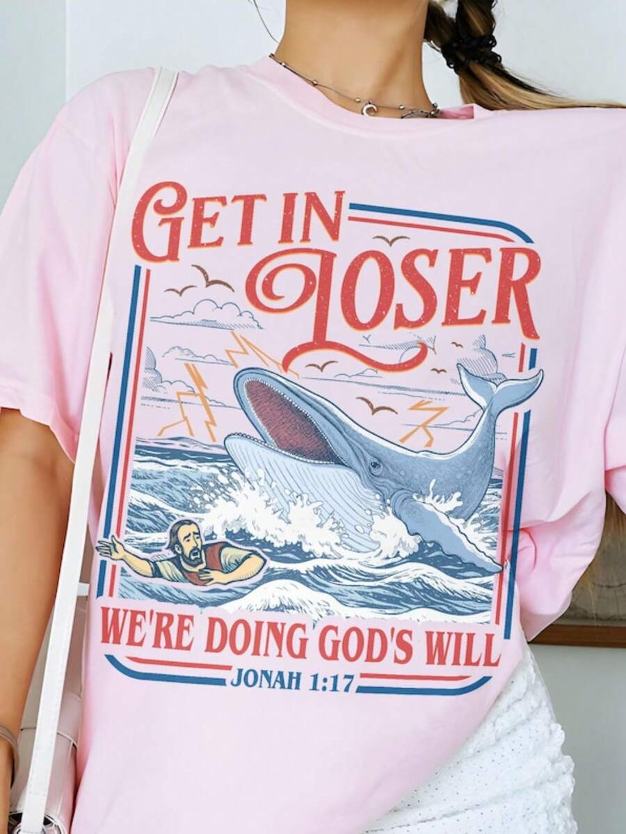 Párate, Perderoso, Estamos Haciendo la Voluntad de Dios, Camiseta Cristiana Divertida, Camiseta de Jonás y la Ballena - Rosa - Ver 1