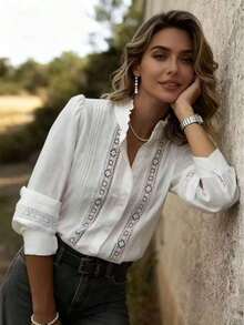Ropa de mujer para otoño. Blusa de manga larga de unicolor con cuello vuelto, con parches de encaje, de estilo casual y elegante. La camisa de mujer talla grande popular y hermosa para salir, adecuada para primavera/otoño, hogar, vida diaria, trabajo y citas. Verano - Blanco - Ver 3