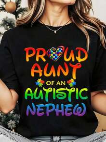 Camiseta de Cuello Redondo para Mujer, Tía Orgullosa de un Sobrino Autista, Estampado de Corazón con Rompecabezas de Arcoíris, Ropa Casual para el Día de Concientización sobre el Autismo, 220g, Playera Holgada para Mujer - Negro - Ver 1