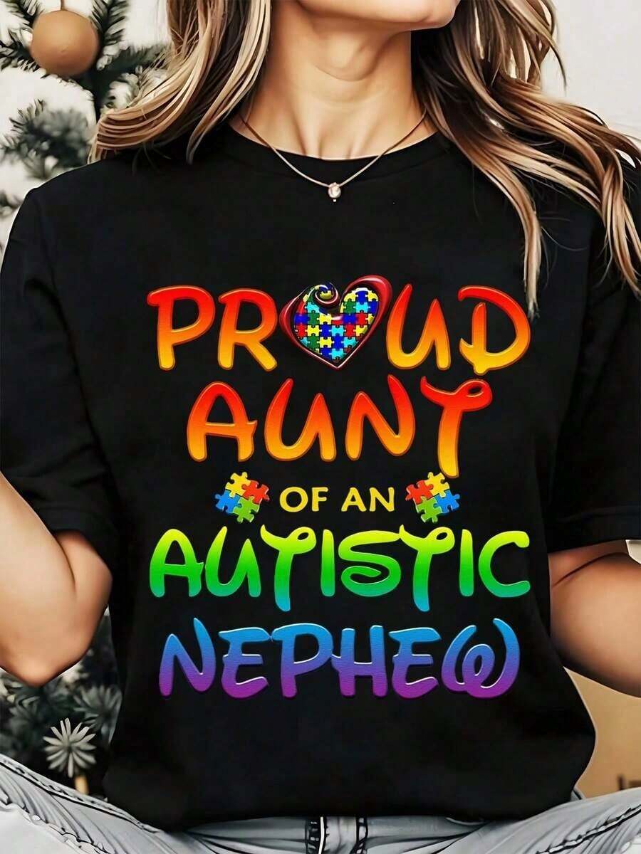 Camiseta de Cuello Redondo para Mujer, Tía Orgullosa de un Sobrino Autista, Estampado de Corazón con Rompecabezas de Arcoíris, Ropa Casual para el Día de Concientización sobre el Autismo, 220g, Playera Holgada para Mujer - Negro - Ver 1