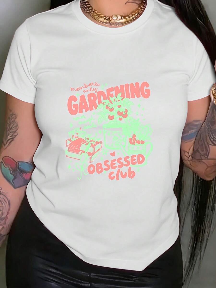 Camiseta de Mujer con Estampado del Club de Entusiastas de la Jardinería, Top Casual de Manga Corta y Cuello Redondo, Adecuada para Verano y Primavera, Ropa de Mujer - Blanco - Ver 1
