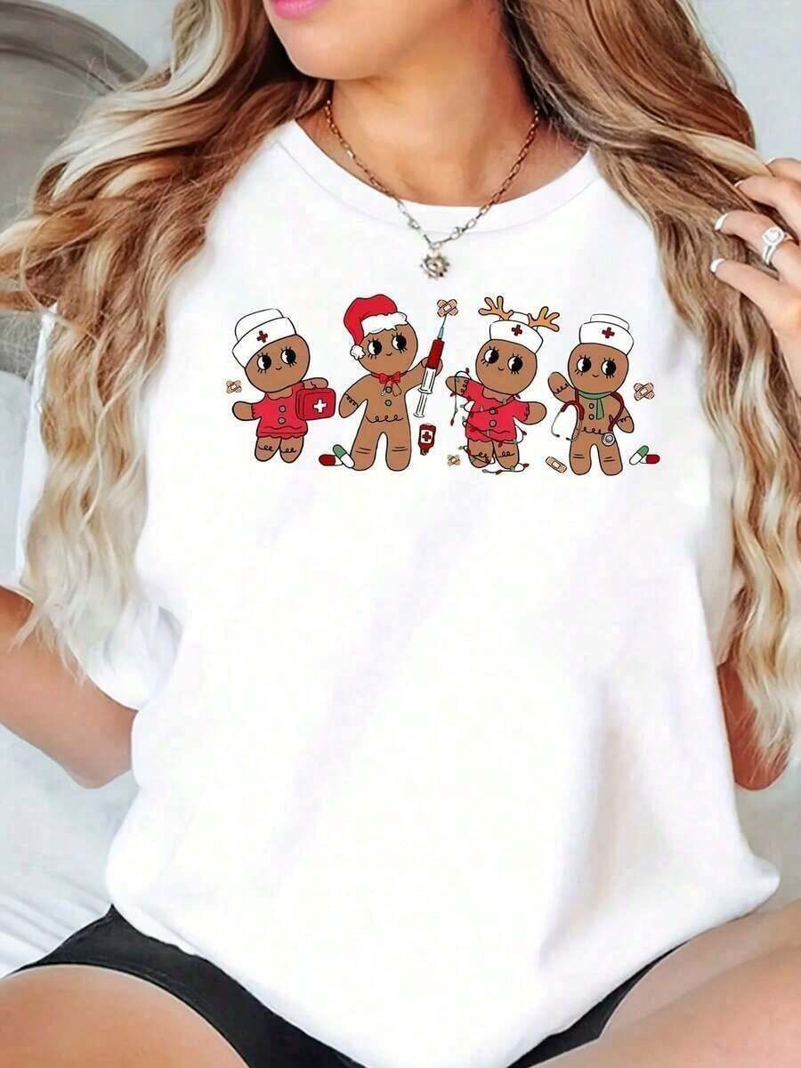 Women's Soft Cotton T-Shirt With A Gingerbread Nurse And Doctor Print, Crew Neck, Christmas Gift, Women's Tee. Nurses Day Themed T-Shirt, Made Of Pure Cotton | Exclusive For Medical Personnel | Soft, Breathable, And Does Not Cause Excessive Sweating | Essential For Everyday And Work Wear | The Ideal Gift Choice For Nurses Day - 白色的 - 查看 1