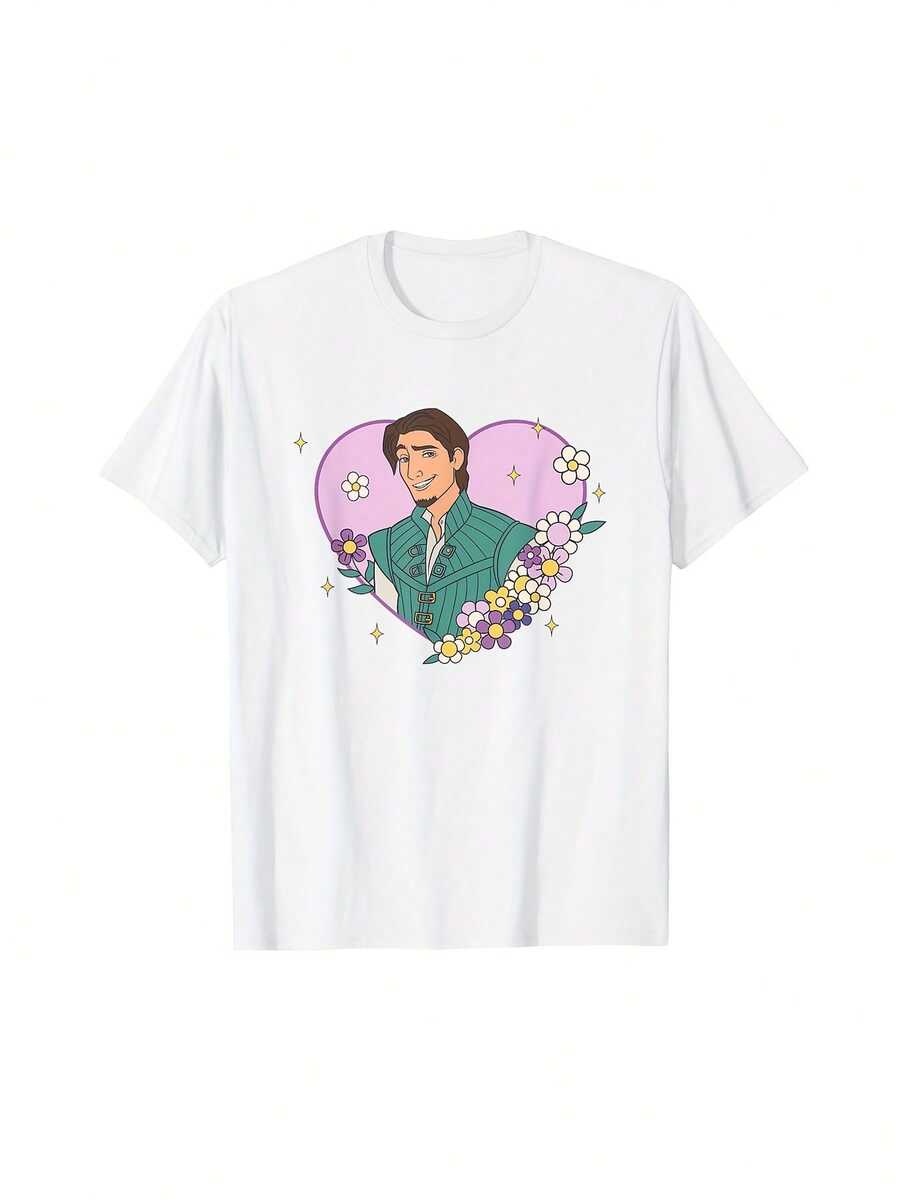 Camiseta de San Valentín de Flynn con logo floral de corazón de Tangled, camiseta de manga corta para hombres y mujeres de talla grande, ideal para verano, camiseta para fiesta en la playa, adecuada como camiseta de cumpleaños gráfica y divertida para familiares y amigos, camiseta transpirable y cómoda para todas las estaciones, camiseta divertida de personaje de dibujos animados, ropa casual temática y eventos temáticos. - Negro - Ver 1