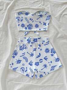 Set de 2 piezas Top bandeau y shorts informales con estampado total para mujer en vacaciones - Blanco - Ver 2