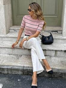 Blusa de punto de cuello redondo a rayas, versátil para uso diario de las mujeres - Multicolor - Ver 7