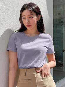 Camiseta de cuello redondo de manga corta de unicolor versátil y casual, tops estilo universitario - Lila Púrpura - Ver 5