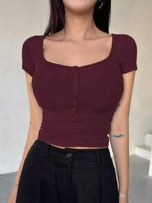 Blusa casual de mujer de unicolor con botones delanteros y mangas cortas, top lindo para uso diario - Burdeos - Ver 5