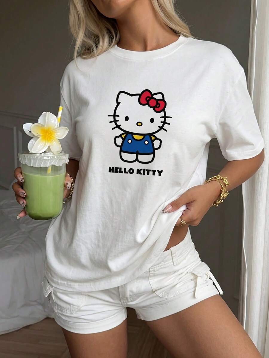 Hello Kitty 女款 T 恤睡衣,趣味上衣,度假夏季穿搭,趣味睡衣,女裝睡袍,居家休閒 Y2K 睡衣 - 白色 - 查看 1