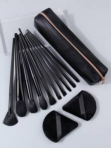 13PCS Black Makeup Brush Set With Bag&Powder Puffs, Professional Brushes For Foundation, Eyeshadow & Blush, All-In-One Kit - Black - View 4