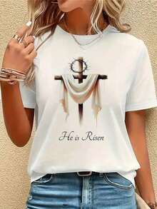 Women's Short Sleeve Graphic T-Shirt, Festive Print T-Shirt, White Religious Print T-Shirt For Women - Jesus Cross Design With "He Has Risen" Text, Elastic Top For Daily Wear, Suitable For Church, Easter, Casual Wear - Machine Washable Christian Clothing 100% Cotton, Summer, Spring, Plus Sizes, Vintage Style. - 白色 - 查看 8