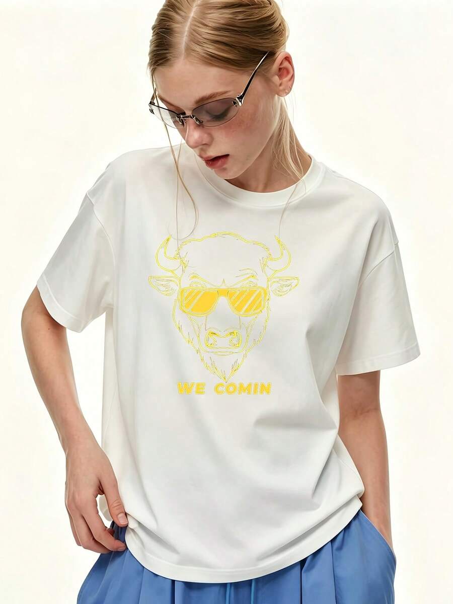 Camiseta de mujer holgada con estampado de gafas, estilo vaquero, 180G, WE COMIN, top de manga corta informal de verano, camiseta holgada adecuada para reuniones familiares, regalos para formación de equipos de empresa, atuendo de vacaciones a 2024 - Camiseta unisex de algodón holgada de manga corta y cuello redondo, estilo vintage urbano. - Blanco - Ver 1