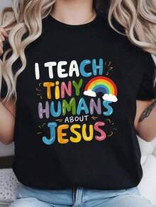 Mujeres Yo Enseñar Pequeño Humanos Acerca de Jesús Gráfico Camiseta - Negro Informal Manga corta Cuello Redondo Camiseta Con Colorido Inspirador Impresiones, Máquina Lavable Cómodo Superior Adecuado Para Todos Estaciones del año, Ideal Para Maestros Y Fe Educadores, Informal Animado Impreso Camisa Verano Ropa de verano transpirable para mujer - Negro - Ver 1