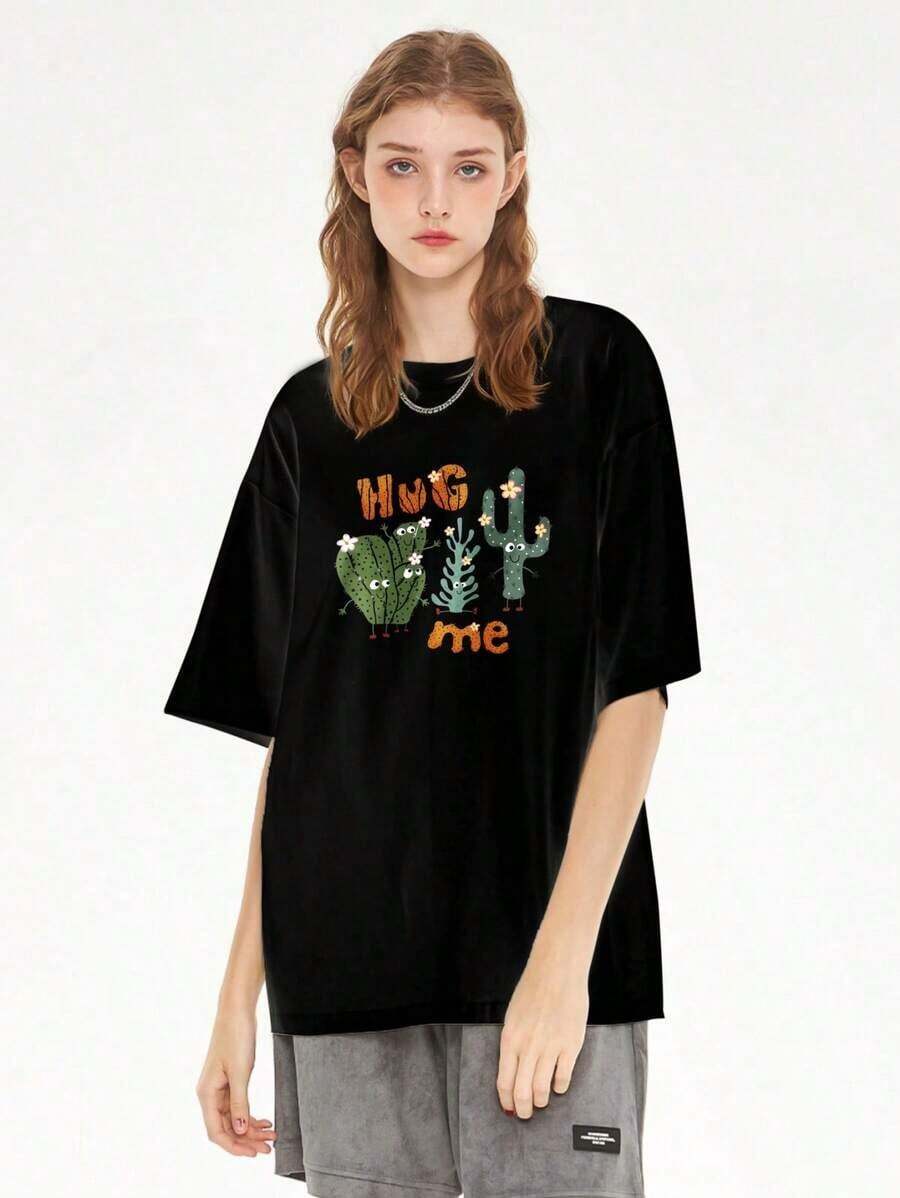 Women's "HUG ME" Cactus Print Short Sleeve T-Shirt, Casual Loose Summer Top - Simple Graphic Print Summer T-Shirts, Casual Mother's Day Gift. Suitable For Spring, Summer, And Autumn. - 黑色 - 查看 1