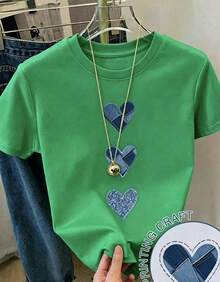 Camiseta con estampado de camisa casual para mujer, manga corta y cuello redondo, moda urbana local de primavera/verano.-Vintage Street Style Unisexoose Cotton Short Sleeve Crew Neck T-Shirt - Verde - Ver 10