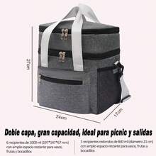 1 Piece Double Compartment Thermal Lunch Bag, Waterproof Oxford Cloth Portable Lunch Box With Adjustable Strap, Keeps Food Cold And Hot, Water Resistant Aluminum Lining, Ideal For Work, School, Picnic, Camping And Travel, Available In Various Colors - 灰色 - 查看 10