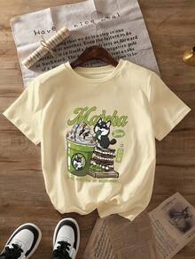 Camiseta Casual de Verano para Mujer - Camiseta con Estampado de Gato Matcha - Camiseta Casual de Manga Corta con Cuello Redondo y Diseño Divertido de Animal de Dibujos Animados, Perfecta para Verano y Primavera, Ropa Casual |   Camiseta con estampado divertido |   Ropa con temática de matcha - Blanco - Ver 7
