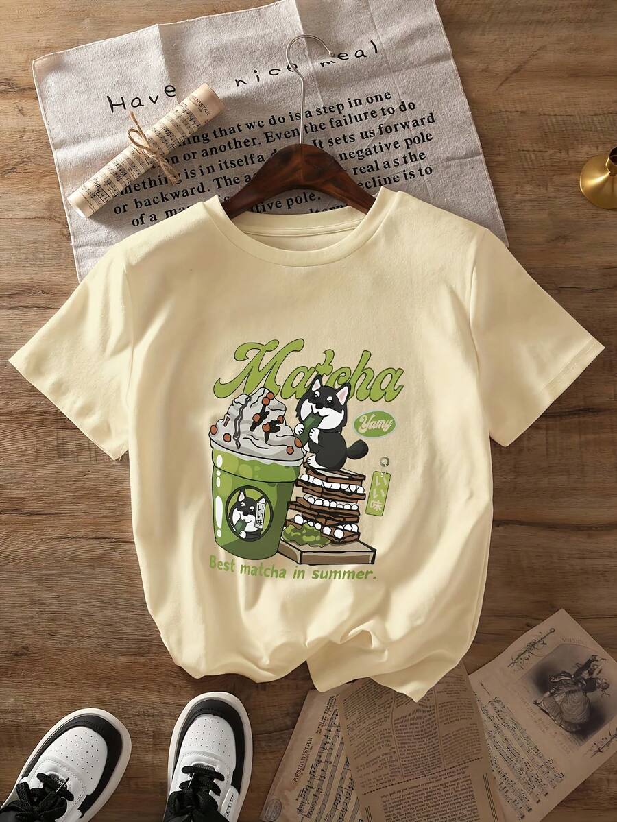 Camiseta Casual de Verano para Mujer - Camiseta con Estampado de Gato Matcha - Camiseta Casual de Manga Corta con Cuello Redondo y Diseño Divertido de Animal de Dibujos Animados, Perfecta para Verano y Primavera, Ropa Casual |   Camiseta con estampado divertido |   Ropa con temática de matcha - Albaricoque - Ver 1