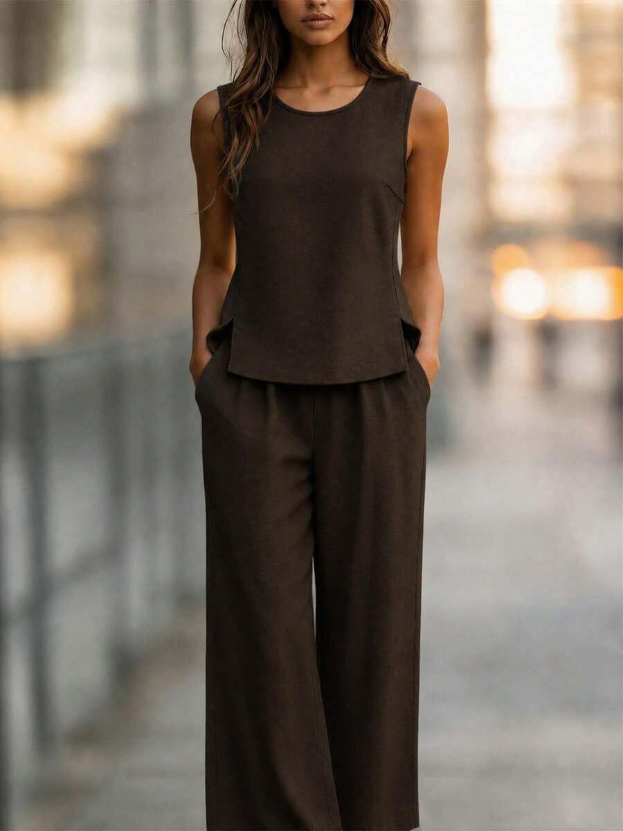 Women's Linen 2 Pieces Set, Casual Solid Color Round Neck Vest And Wide Leg Pants, Summer - Dark Brown - View 1