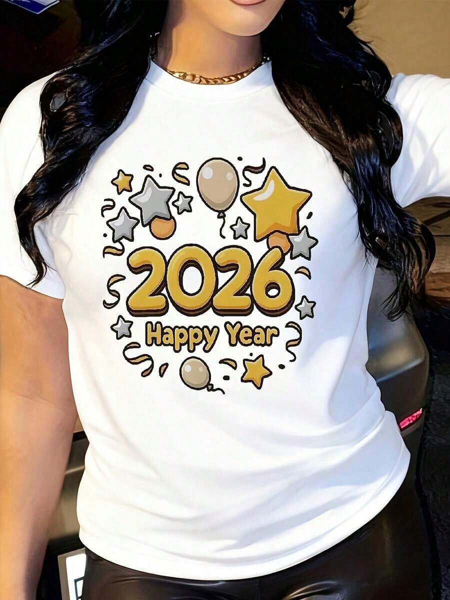 Camiseta Casual de Mujer para Año Nuevo y Navidad 2026 - Camiseta de manga corta con cuello redondo y estampado dorado y número 2026, ajuste para todas las estaciones, camisa versátil para vacaciones y uso diario para mujeres, camisetas navideñas, moda de temporada, patrón geométrico. - Blanco - Ver 1