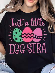 100% Cotton, Women's "Just A Little Eggstra" T-Shirt, Easter T-Shirt For Women, Fun Easter T-Shirt With Colorful Egg Design, Perfect For Spring Celebrations And Easter Parties. - 黑色 - 查看 6